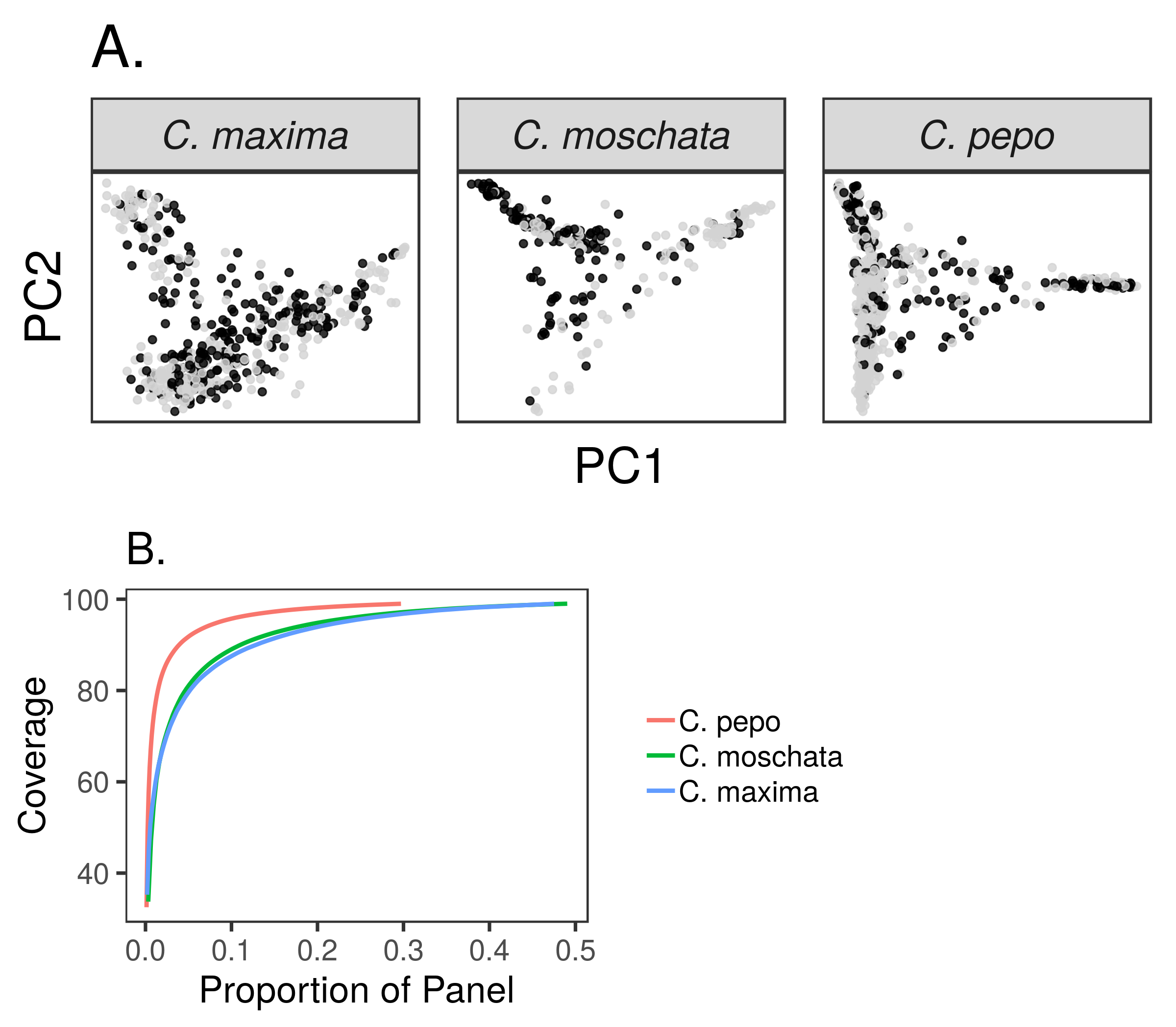 Results from running GenoCore in each of the panels. Panel A shows the PCA plots for each panel with accessions selected by GenoCore represented as black points. Panel B shows the proportion of total accessions needed to obtain a certain coverage of diversity.