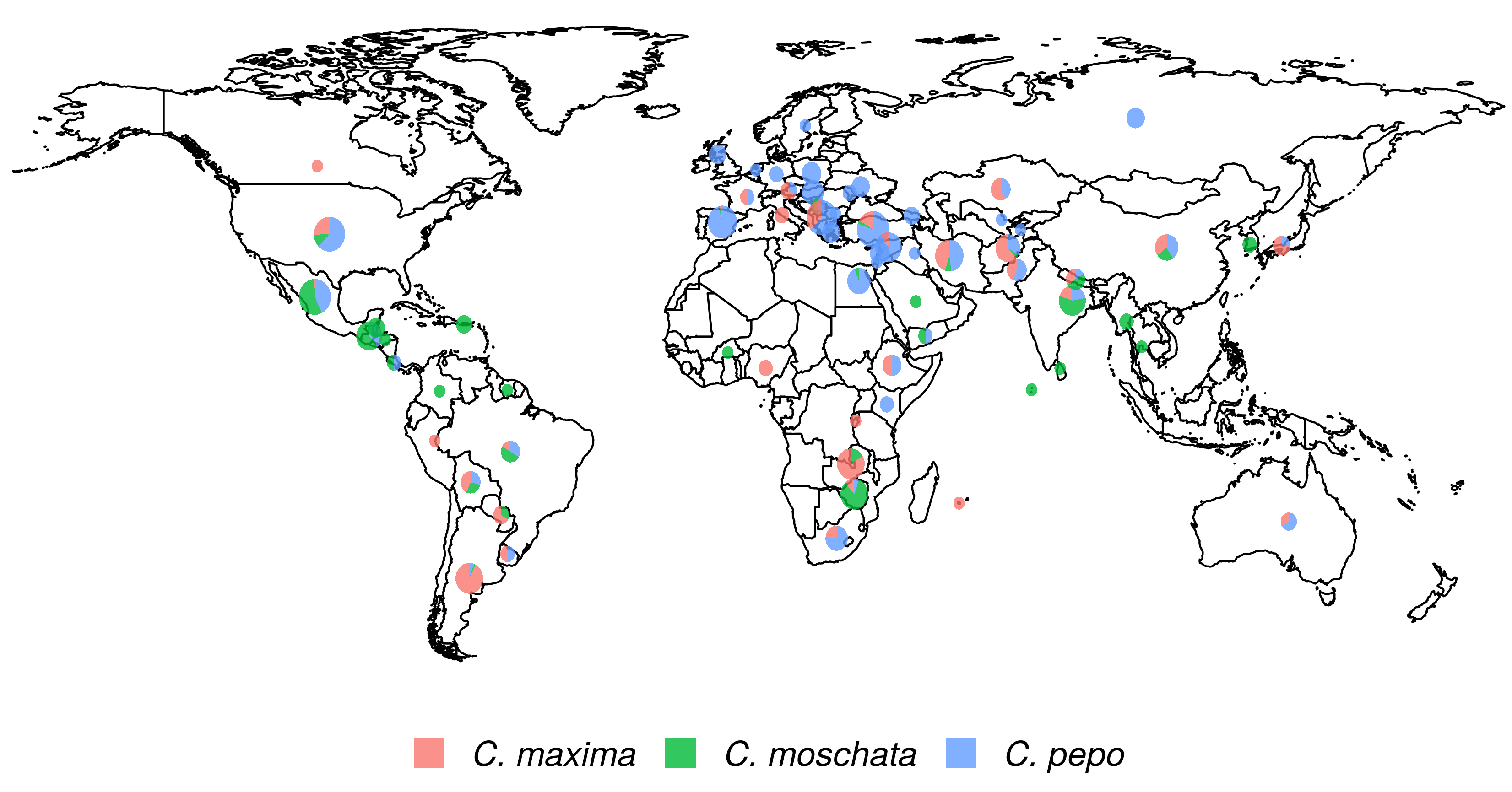 Figure 1: Geographical distribution of the USDA Cucurbita ssp. collection. The size of the pie chart is scaled according to the number of accessions and sector areas correspond to the proportion of the three species.